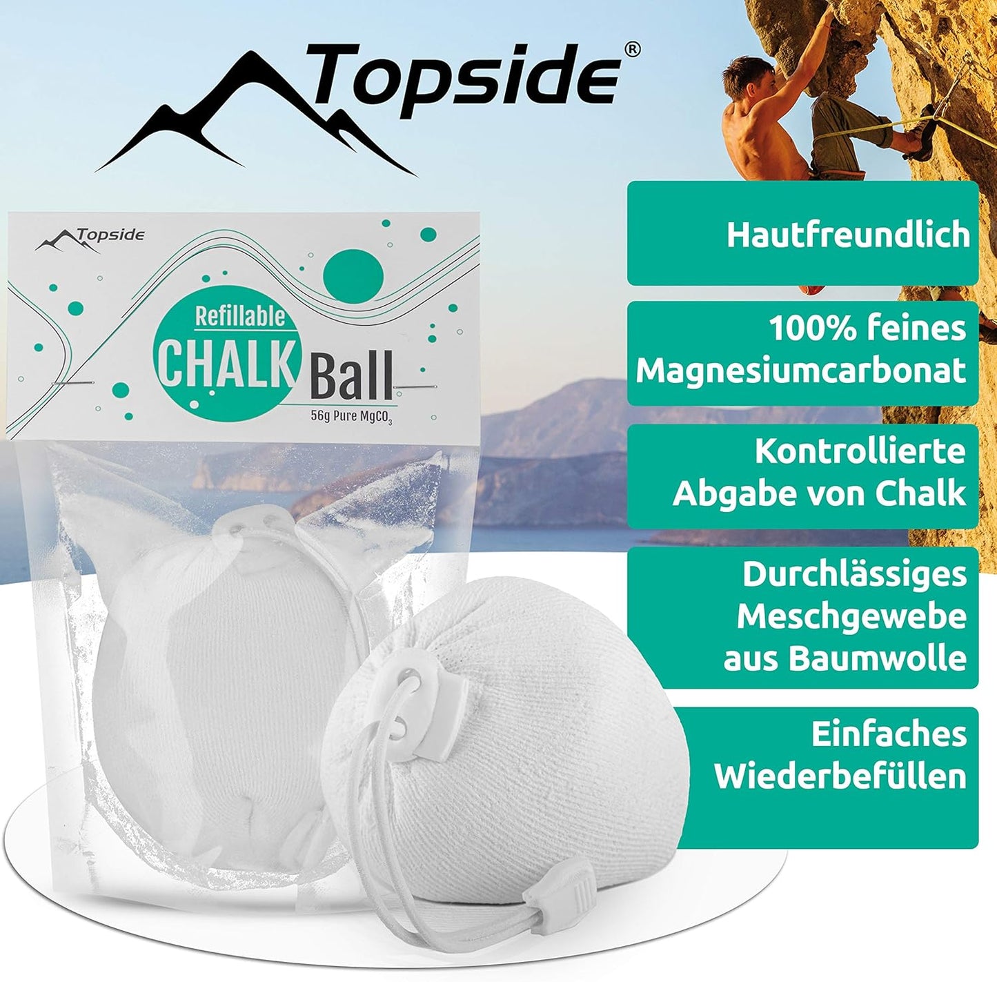 TOPSIDE Chalkball wiederbefüllbar 56g Chalkball Refill Bouldern Chalk Ball