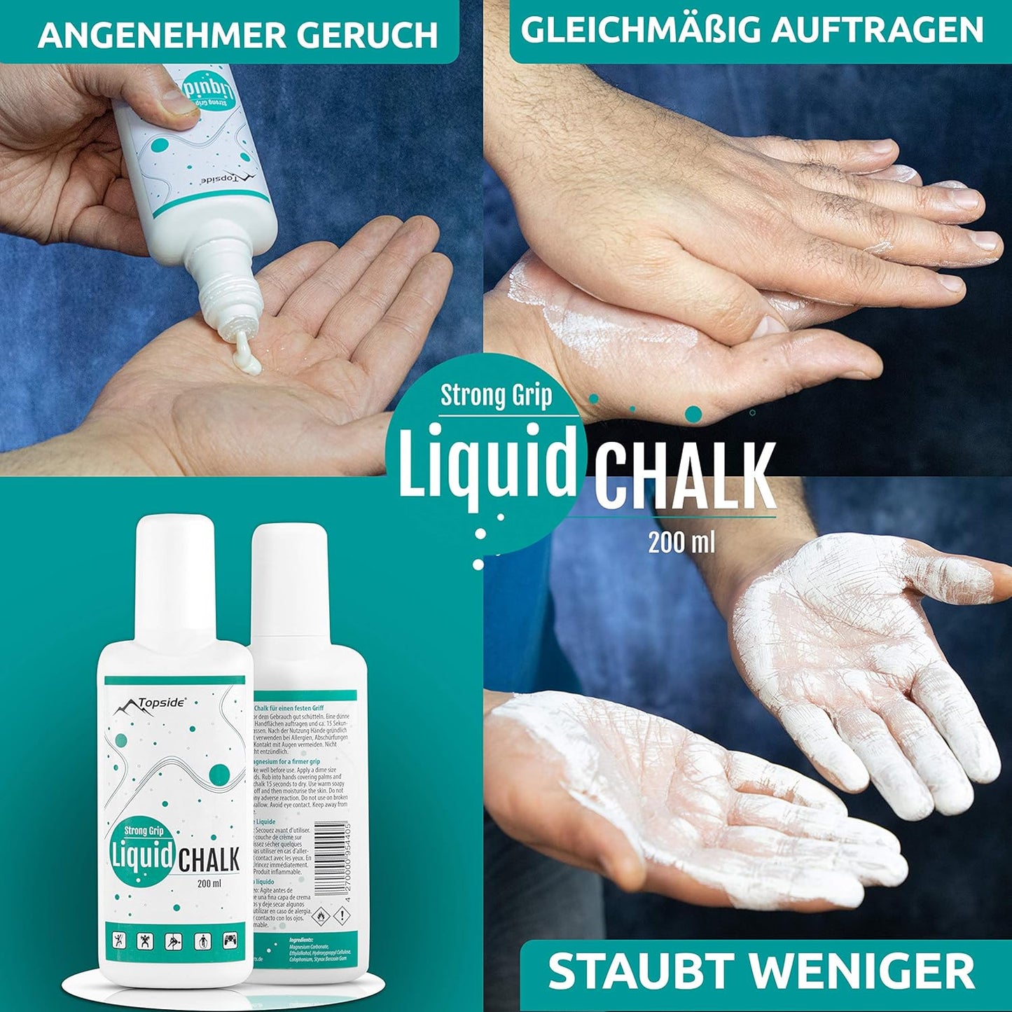 TOPSIDE ® Liquid Chalk 200ml - Bester Grip fürs Klettern, Bouldern oder Hantelstange - unsere Flüssigkreide riecht angenehm & hält Lange